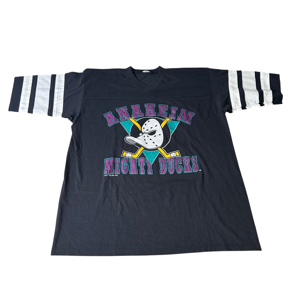 Vintage 1993 Logo 7 Anaheim Mighty Ducks NHL Jersey T-Shirt Black V-Neck XL